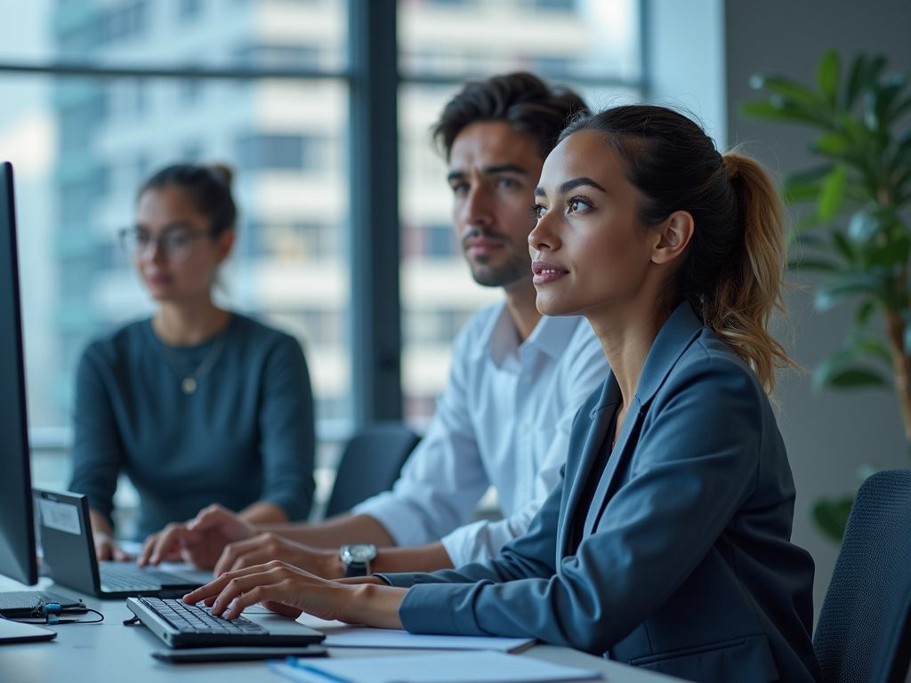 Female tech lead mentoring security analysts in office setting