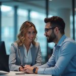 Female tech lead mentoring security analysts in modern office