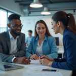 Female tech lead mentoring security analysts in modern office