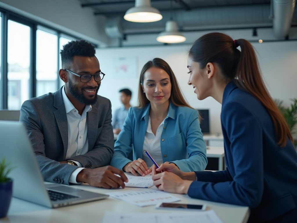 Female tech lead mentoring security analysts in modern office
