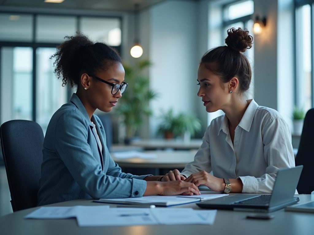 AI Governance Leader Mentoring Cybersecurity Team Female tech lead mentors security analysts in office setting