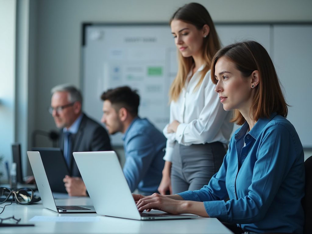 Cybersecurity Compliance 2025: Tech Leadership in Action Female tech lead mentoring cybersecurity analysts in office setting