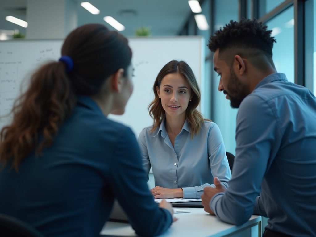 Female tech lead mentoring security analysts in office