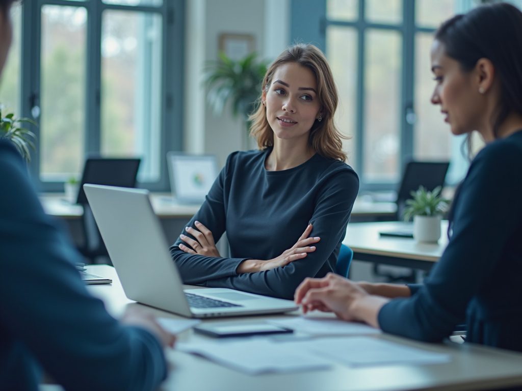 Female tech lead guiding security analysts in modern office