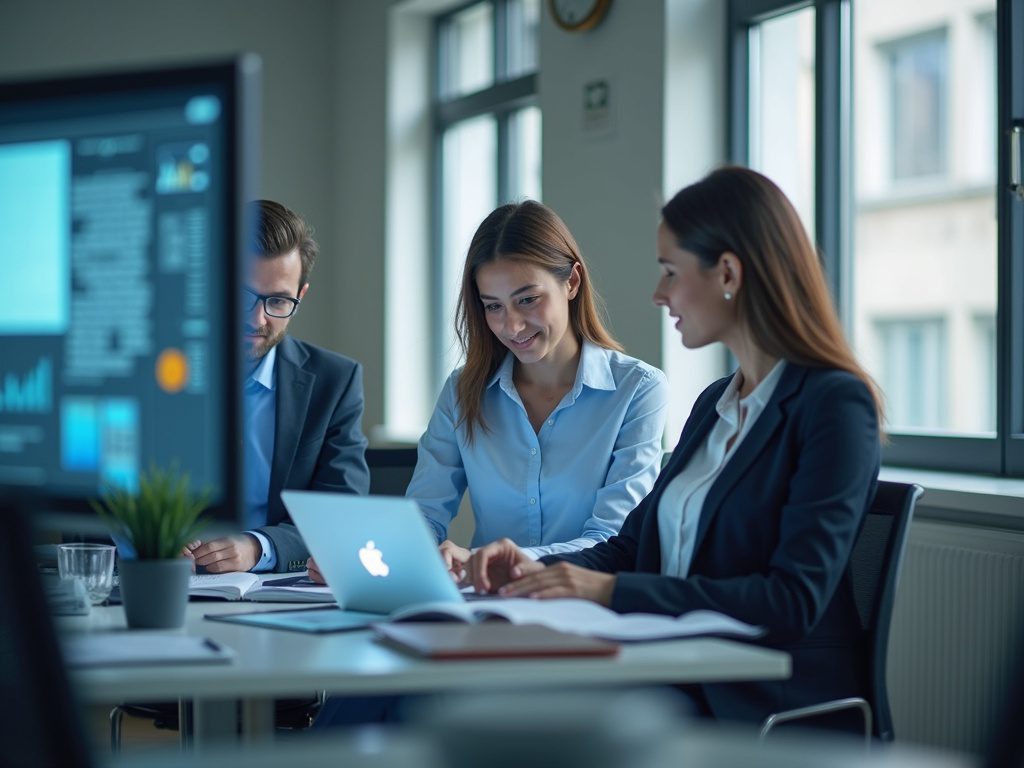 Female tech lead mentoring security analysts in modern office